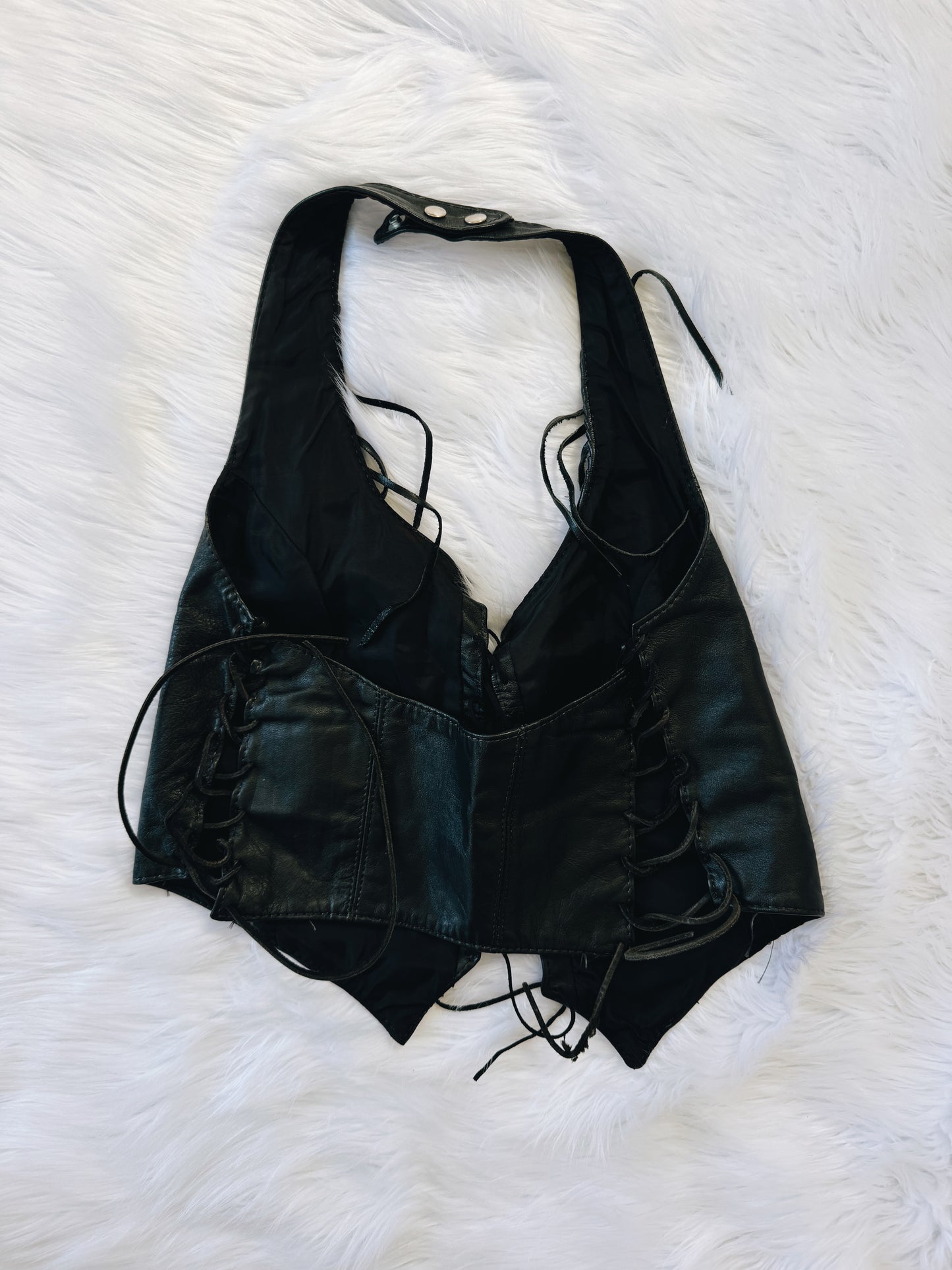 Vintage Black Leather Fringe Halter Top