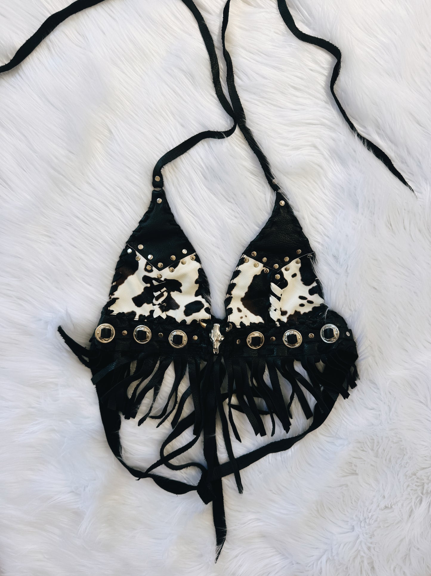 Vintage Cowhide Print Leather Fringe Halter Top