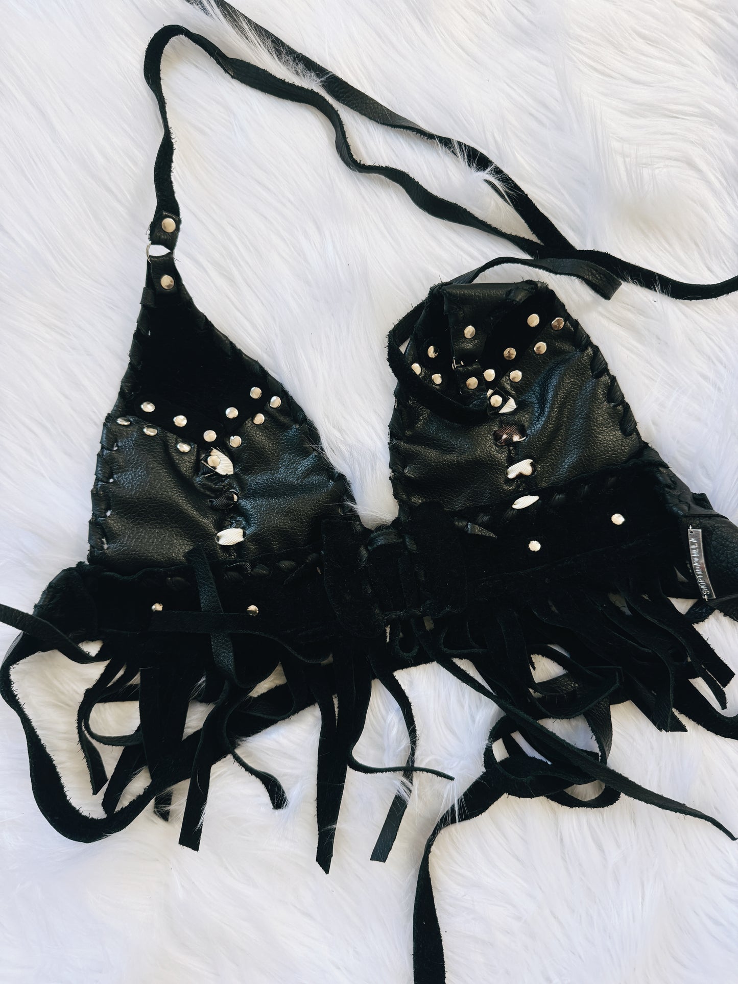 Vintage Cowhide Print Leather Fringe Halter Top
