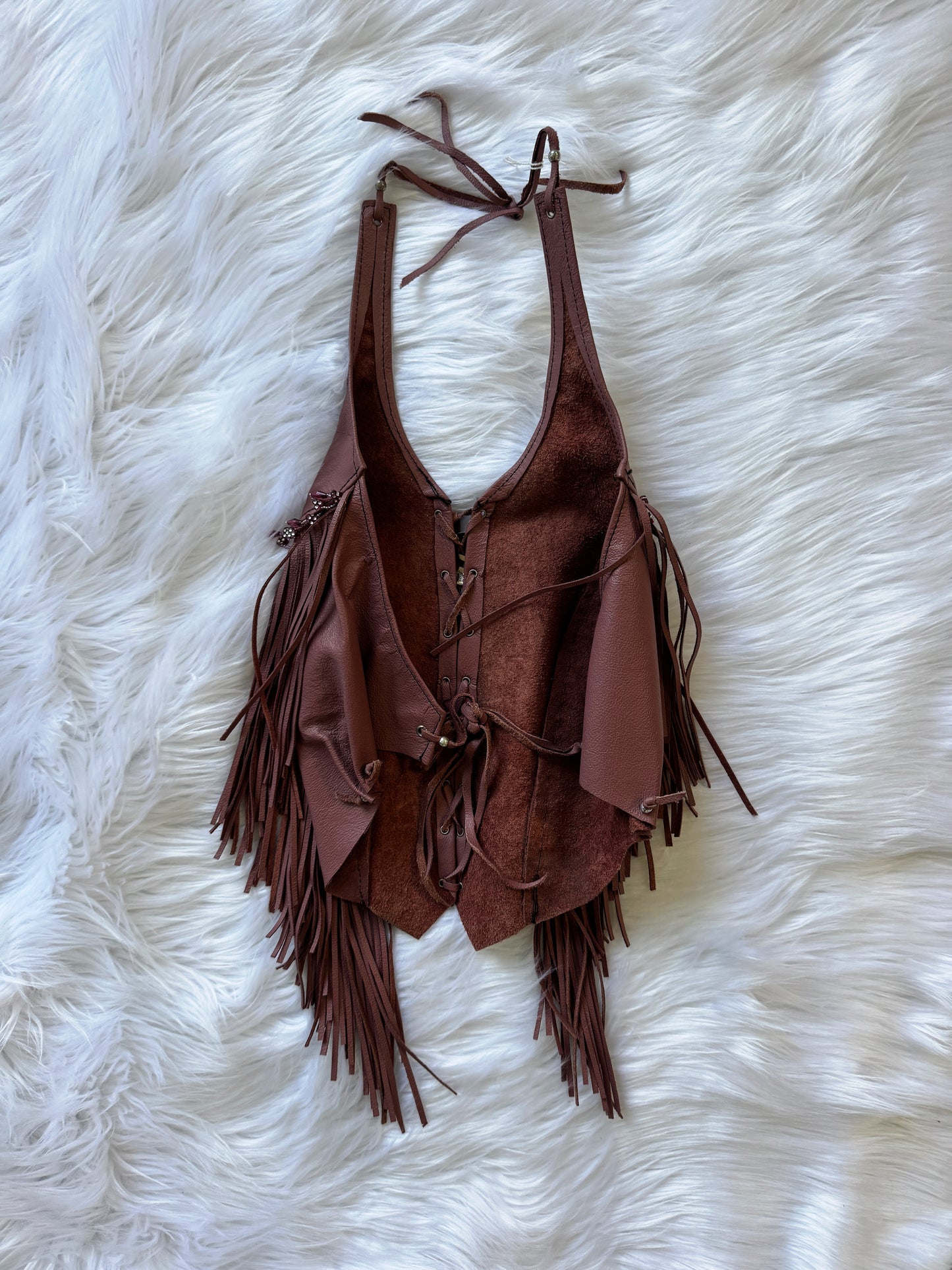 Vintage Dusty Rose Fringe Leather Top