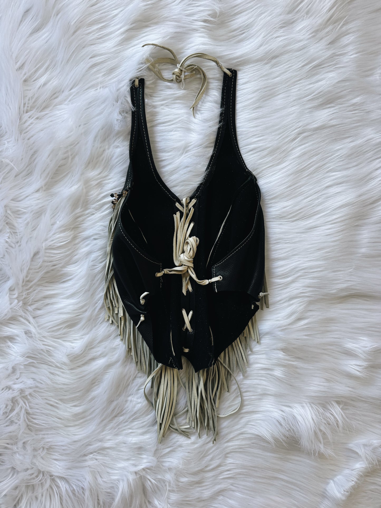 Vintage Black & White Leather Fringe Top