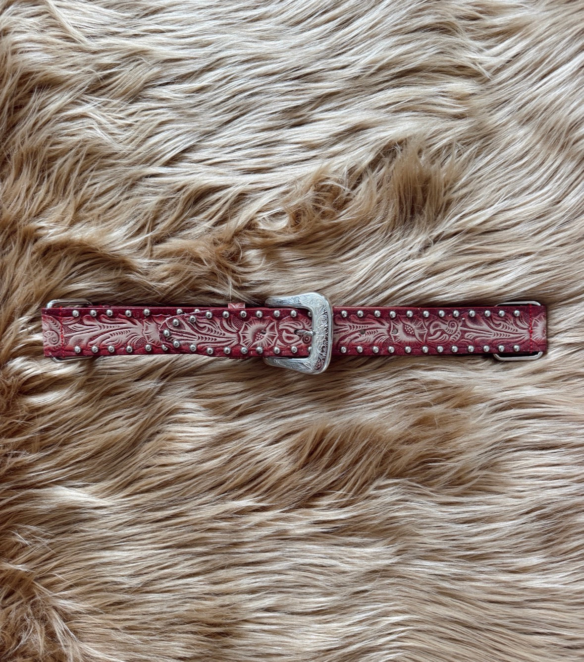 Vintage Red Studded Tooled Leather Belt