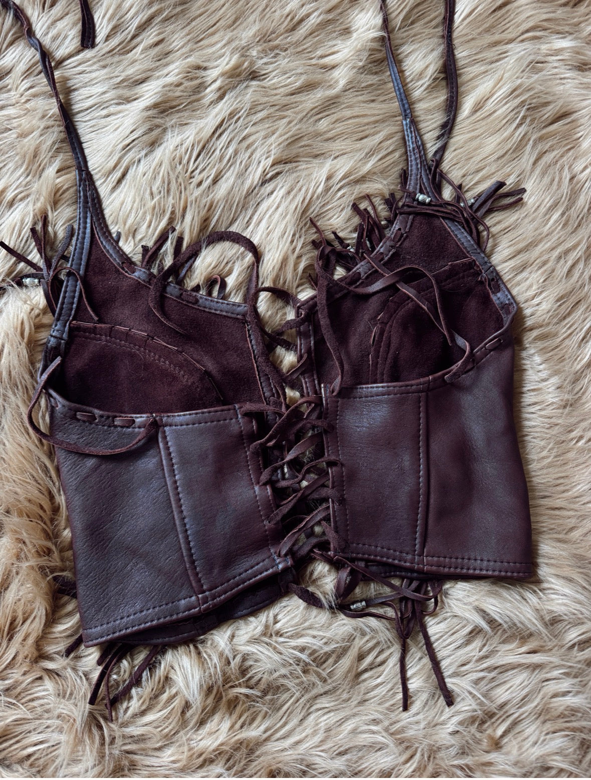 Vintage Burgundy Brown Leather Fringe Halter Top