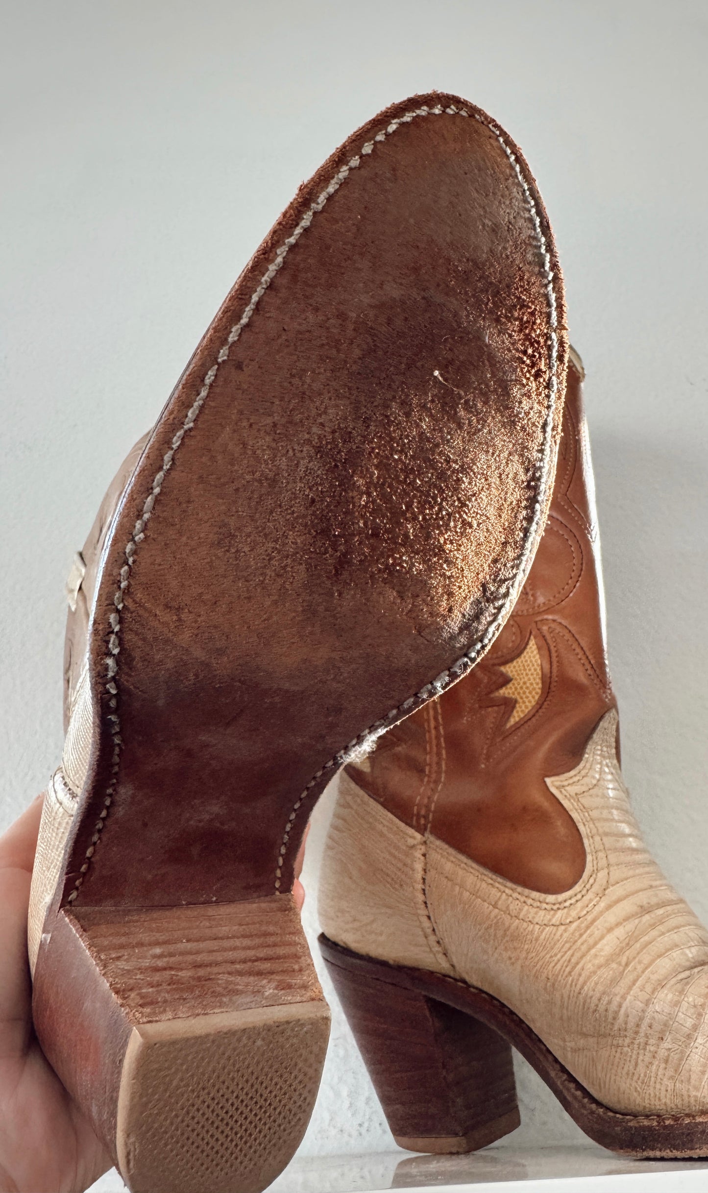 Vintage Cream & Brown Inlay Cowboy Boots