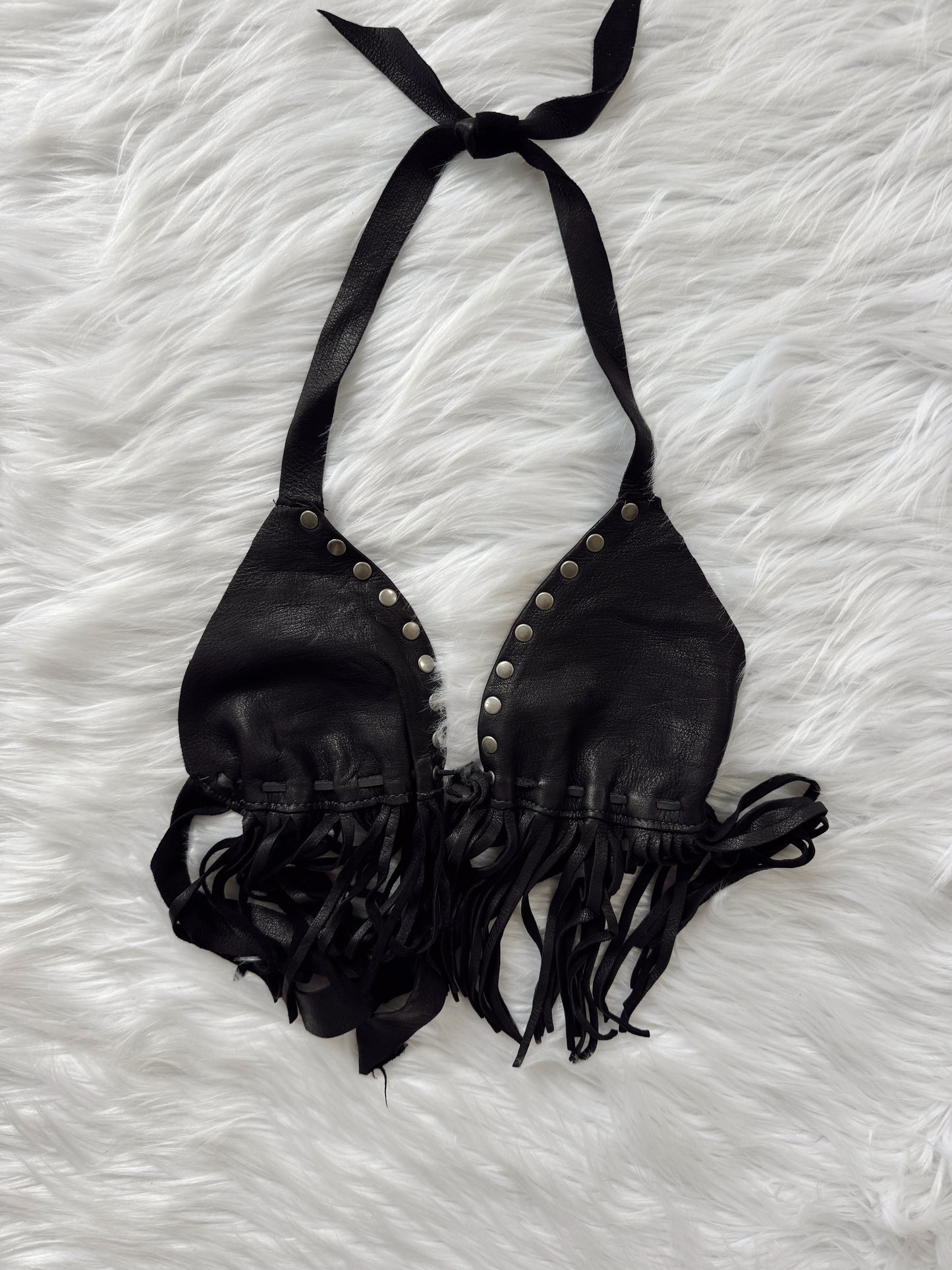 Vintage Black Leather Studded Fringe Halter Top
