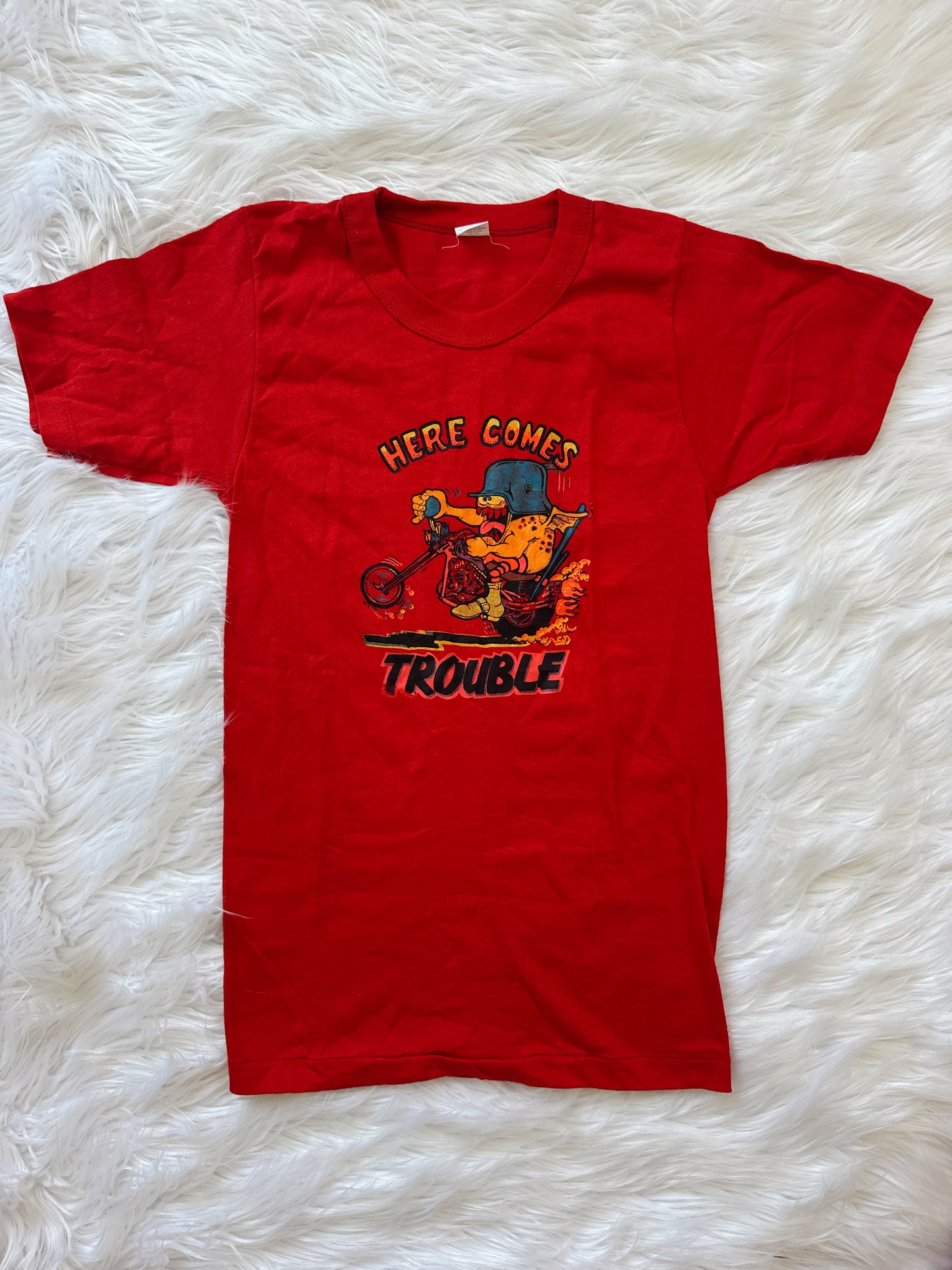 Vintage Here Comes Trouble Biker Tee