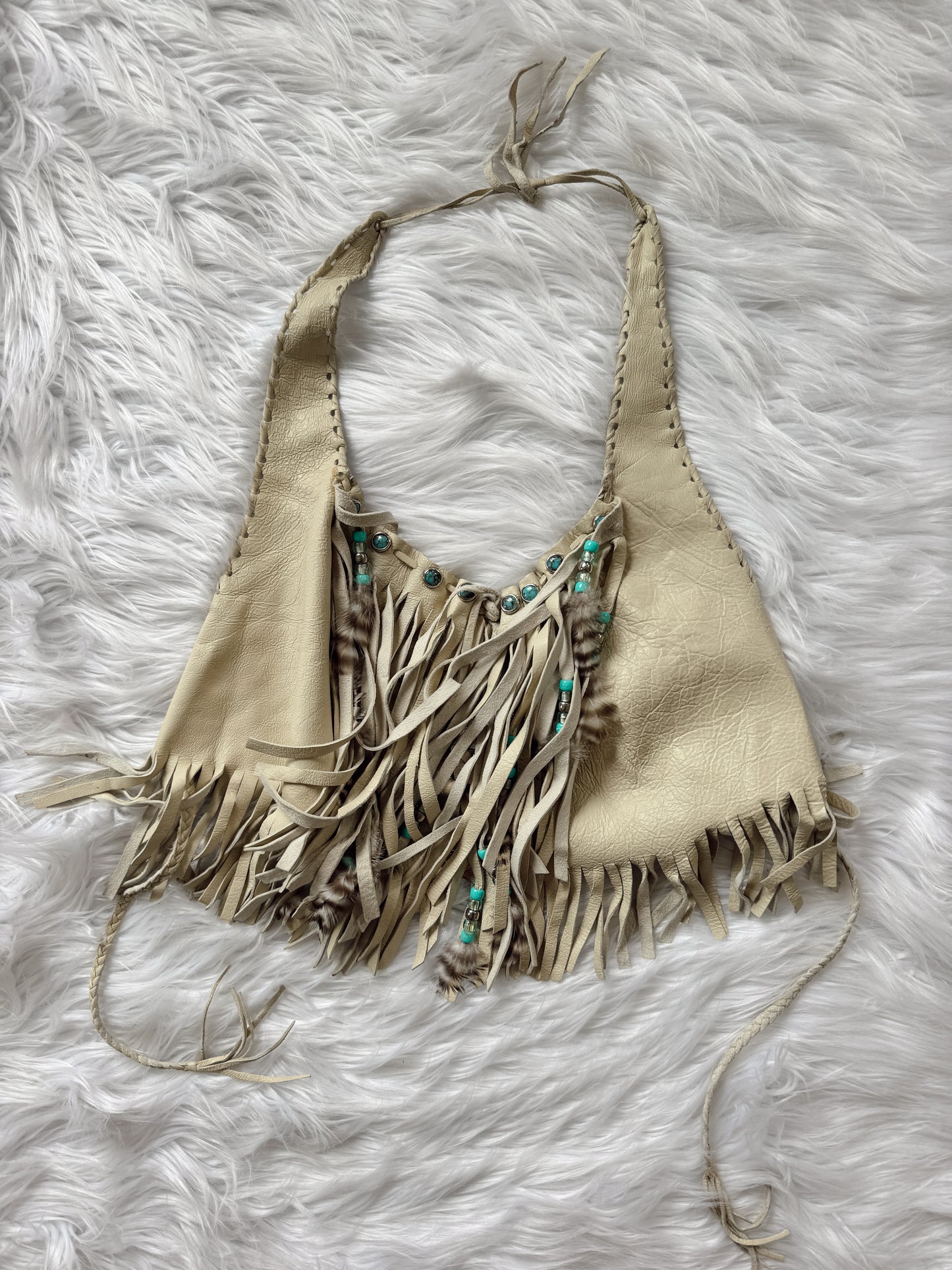 Vintage Cream Leather Fringe Halter Top