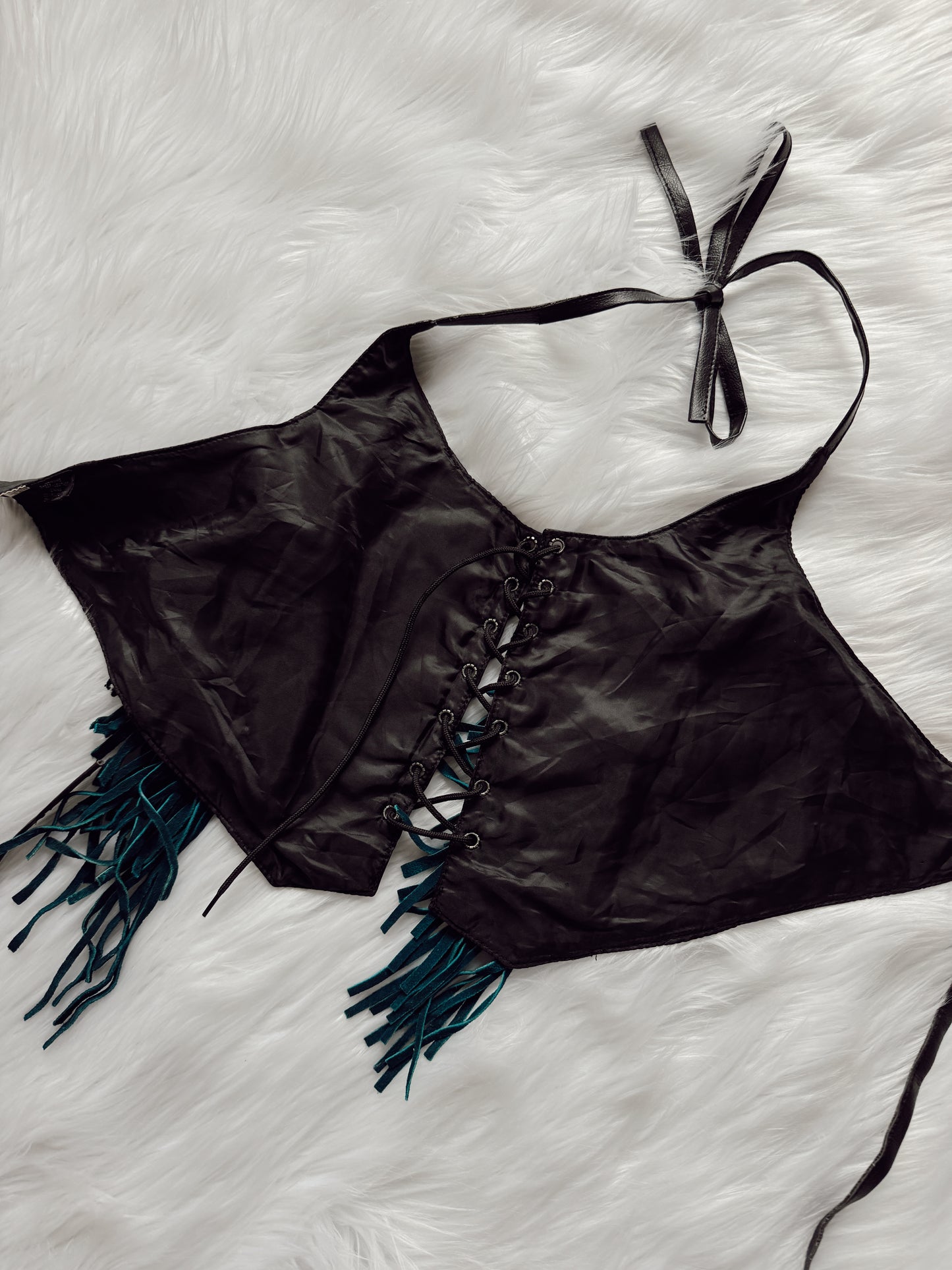 Vintage Blue Inlay Fringe Halter Top