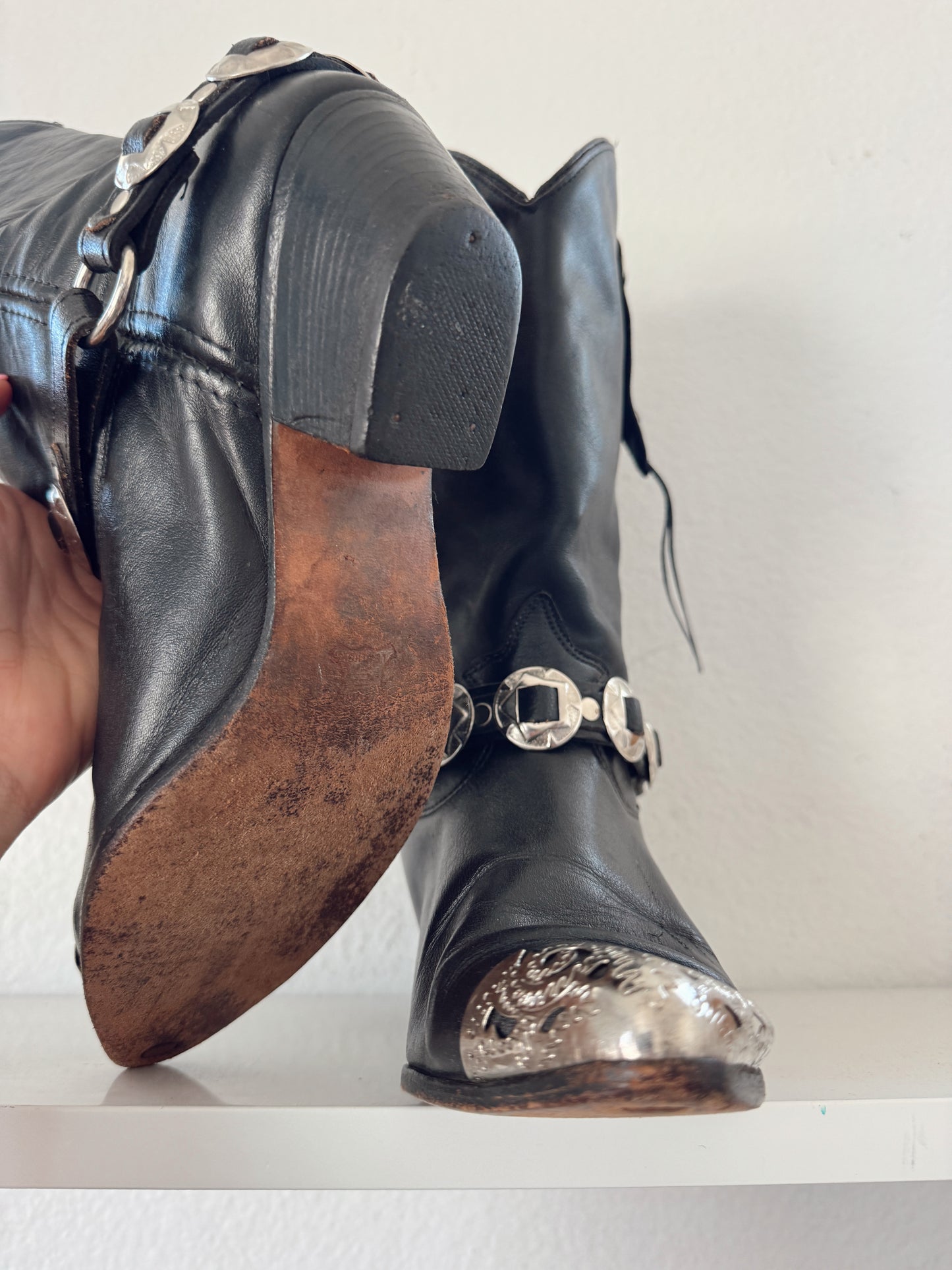 Vintage Black Concho Cowboy Boots