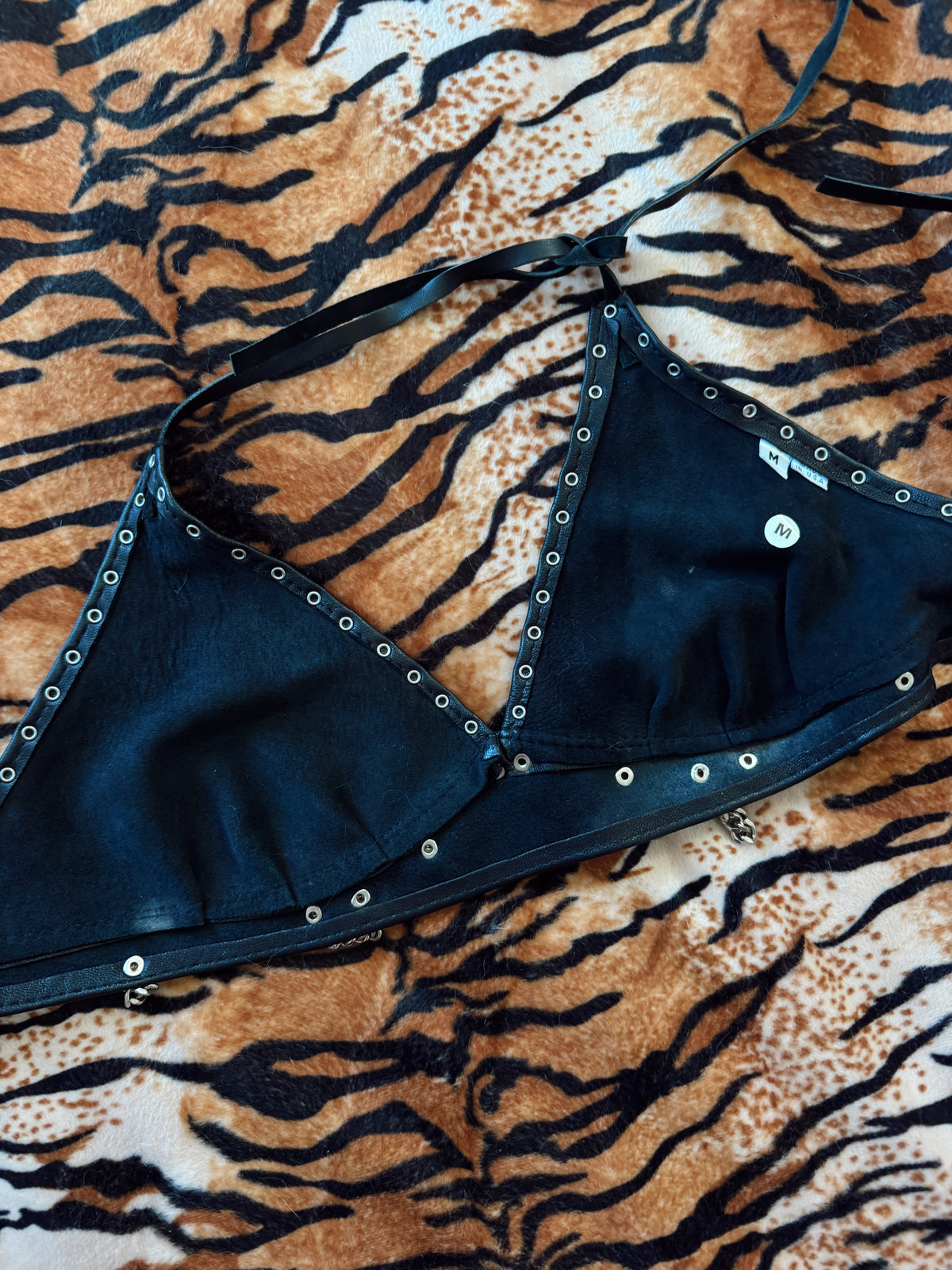 Vintage Black Leather Chain Halter Top