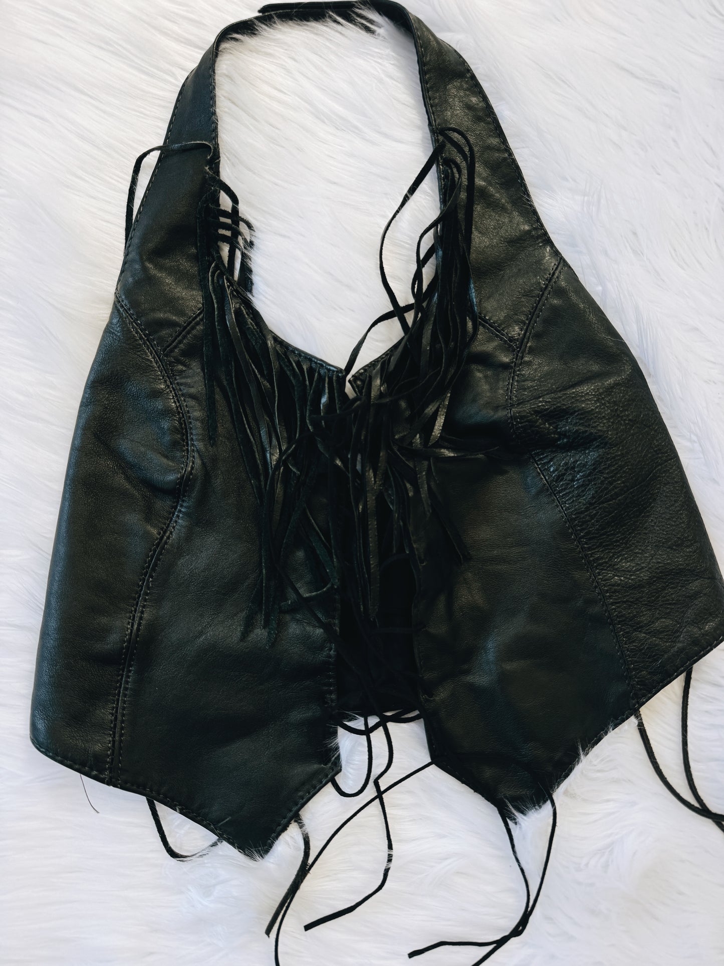 Vintage Black Leather Fringe Halter Top
