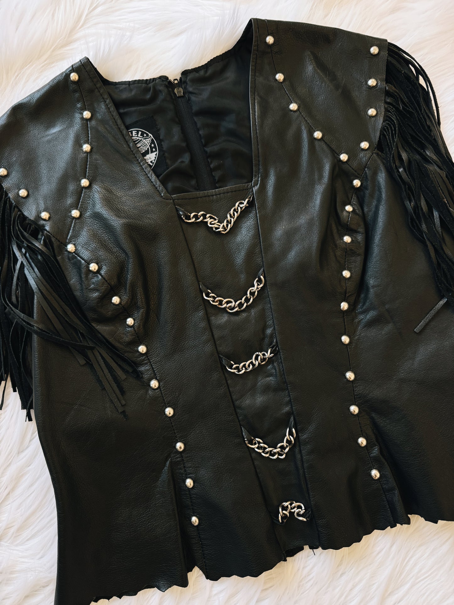 Vintage Black Leather Fringe Chain Top