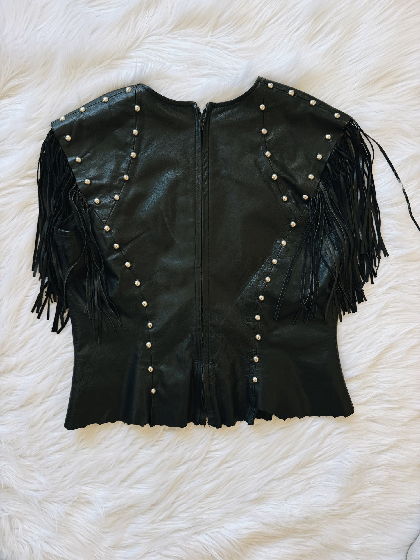 Vintage Black Leather Fringe Chain Top