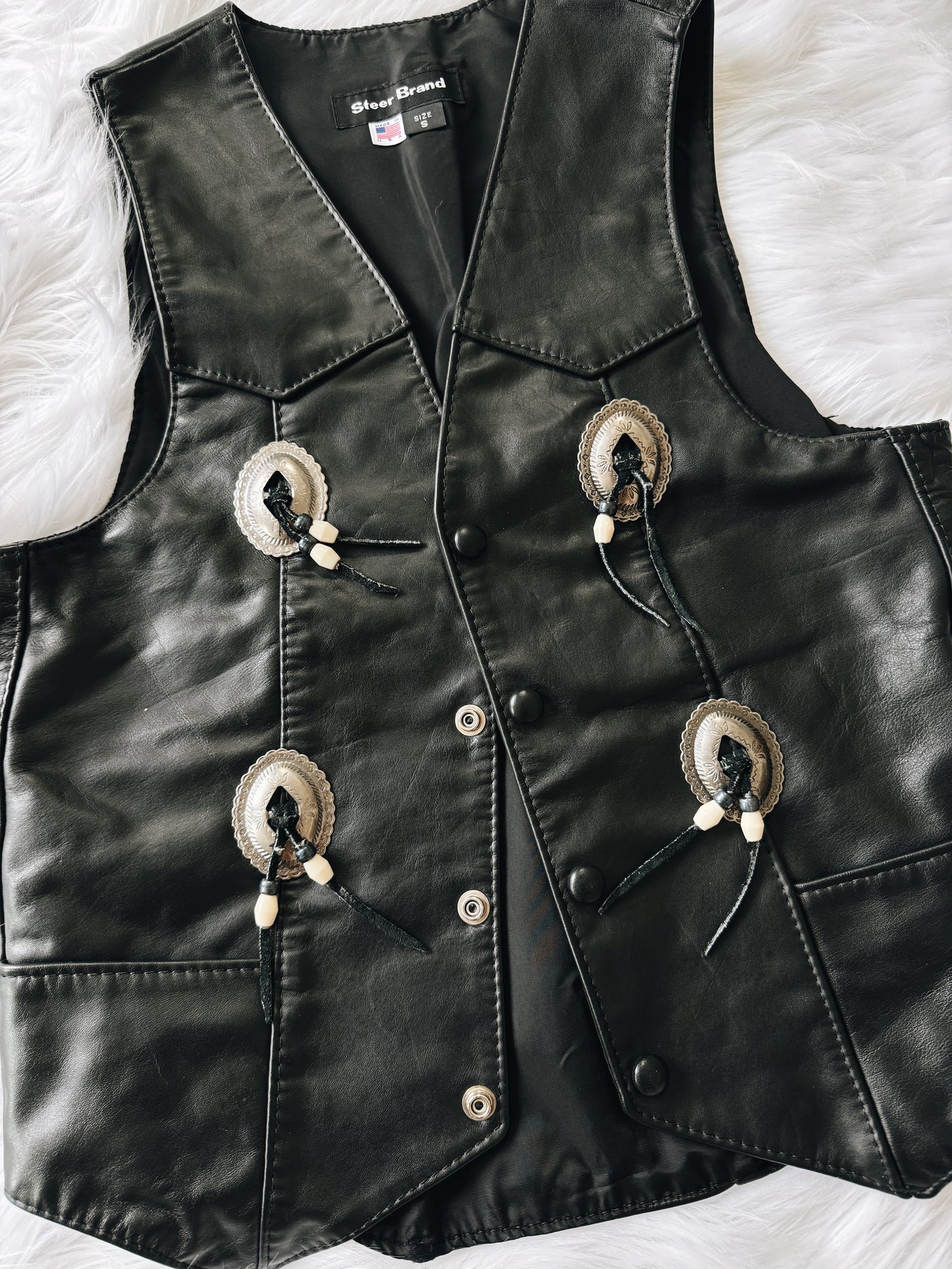 Vintage Black Leather Concho Vest
