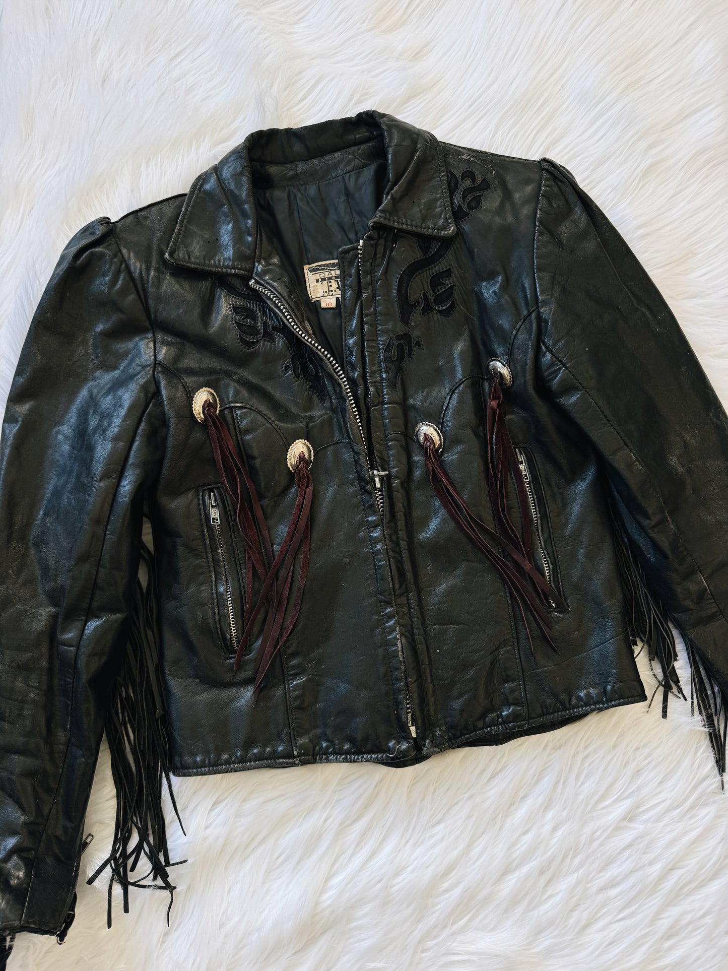 Vintage Leather Black & Red Rose Fringe Jacket