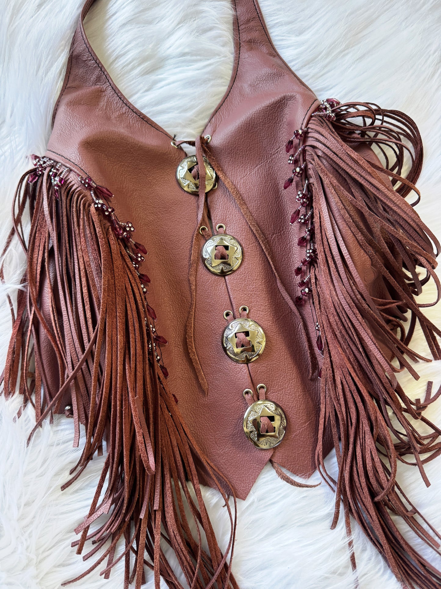 Vintage Dusty Rose Fringe Leather Top