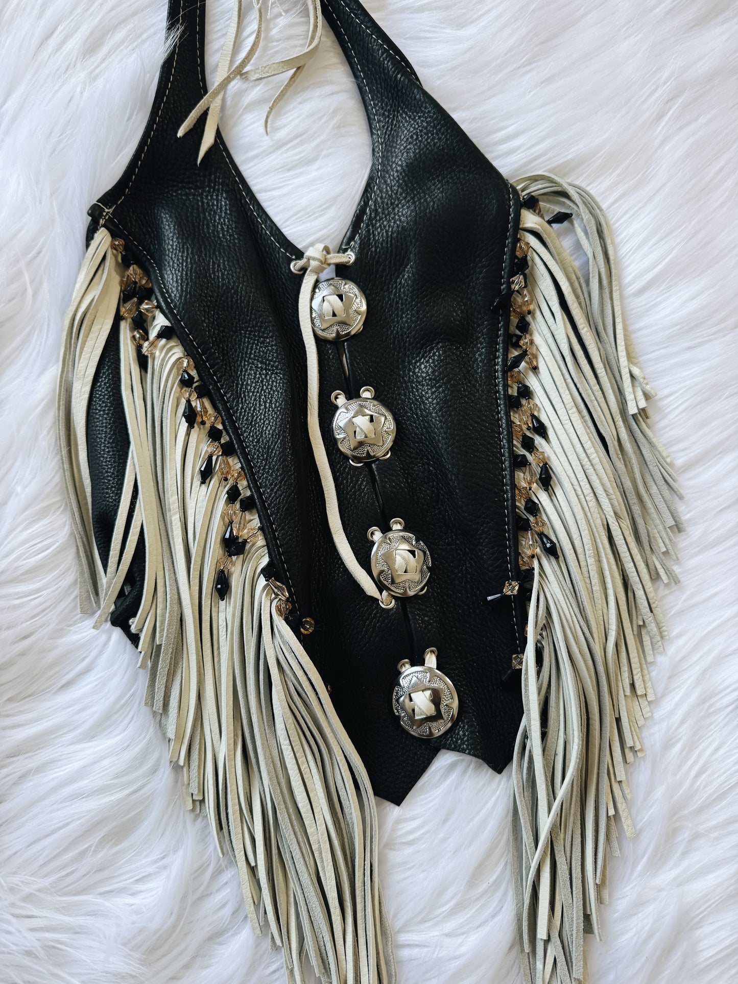 Vintage Black & White Leather Fringe Top