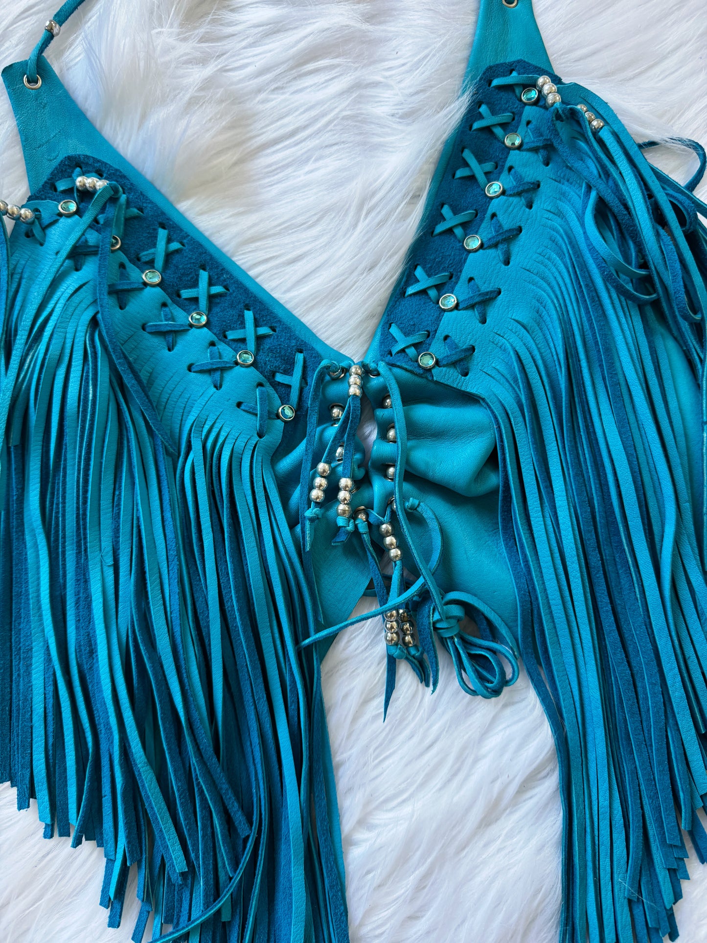 Vintage Leather Turquoise Blue Fringe Top