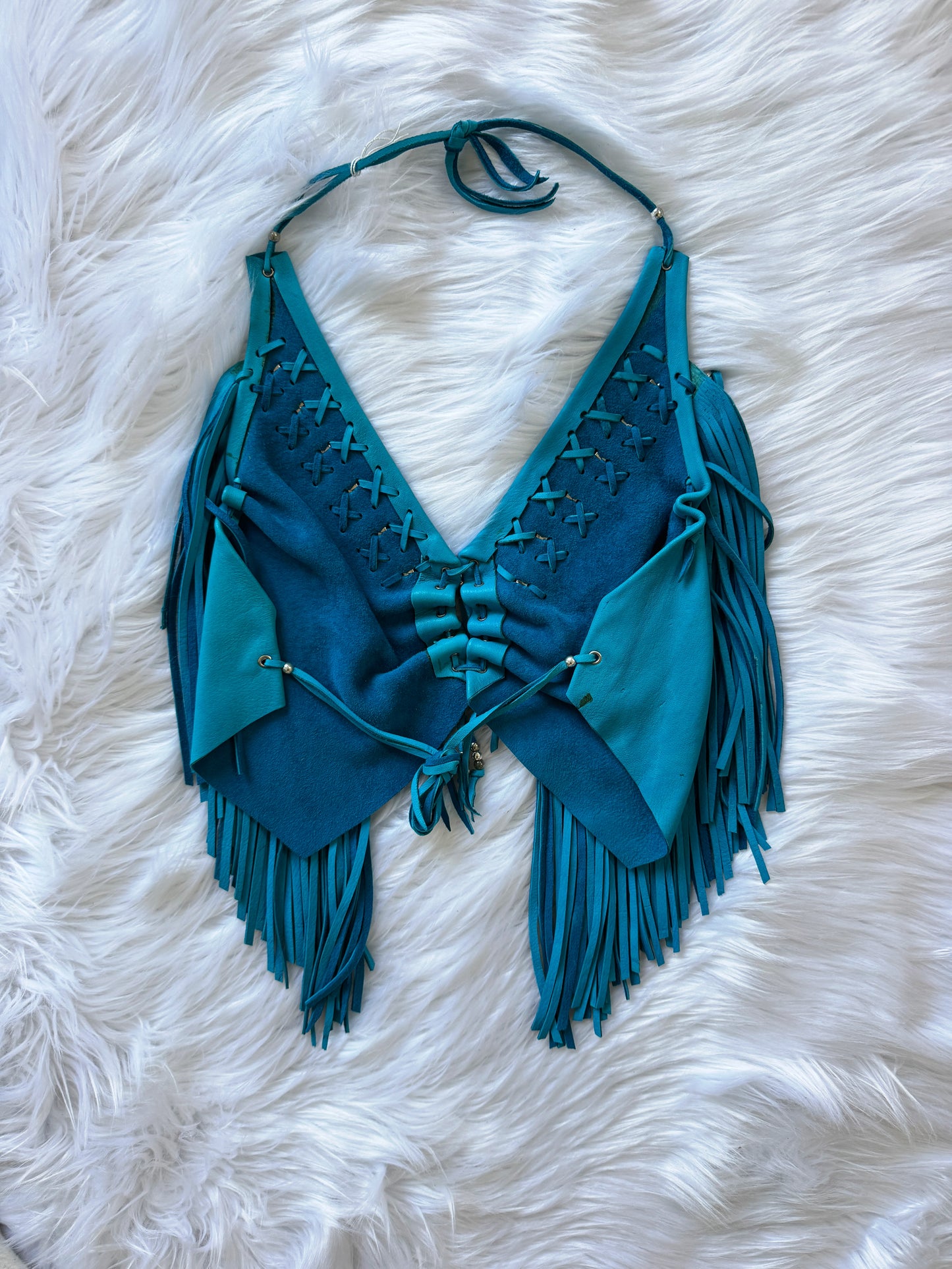 Vintage Leather Turquoise Blue Fringe Top