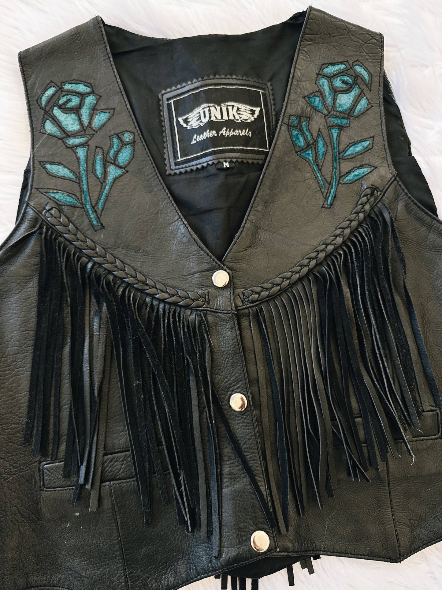 Vintage Blue Rose Fringe Vest