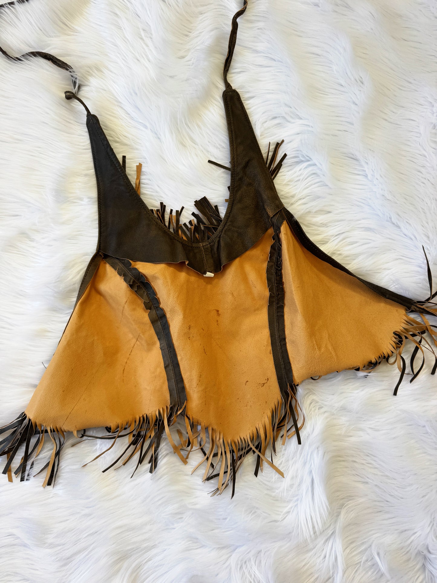 Vintage Brown Fringe Leather Halter Top