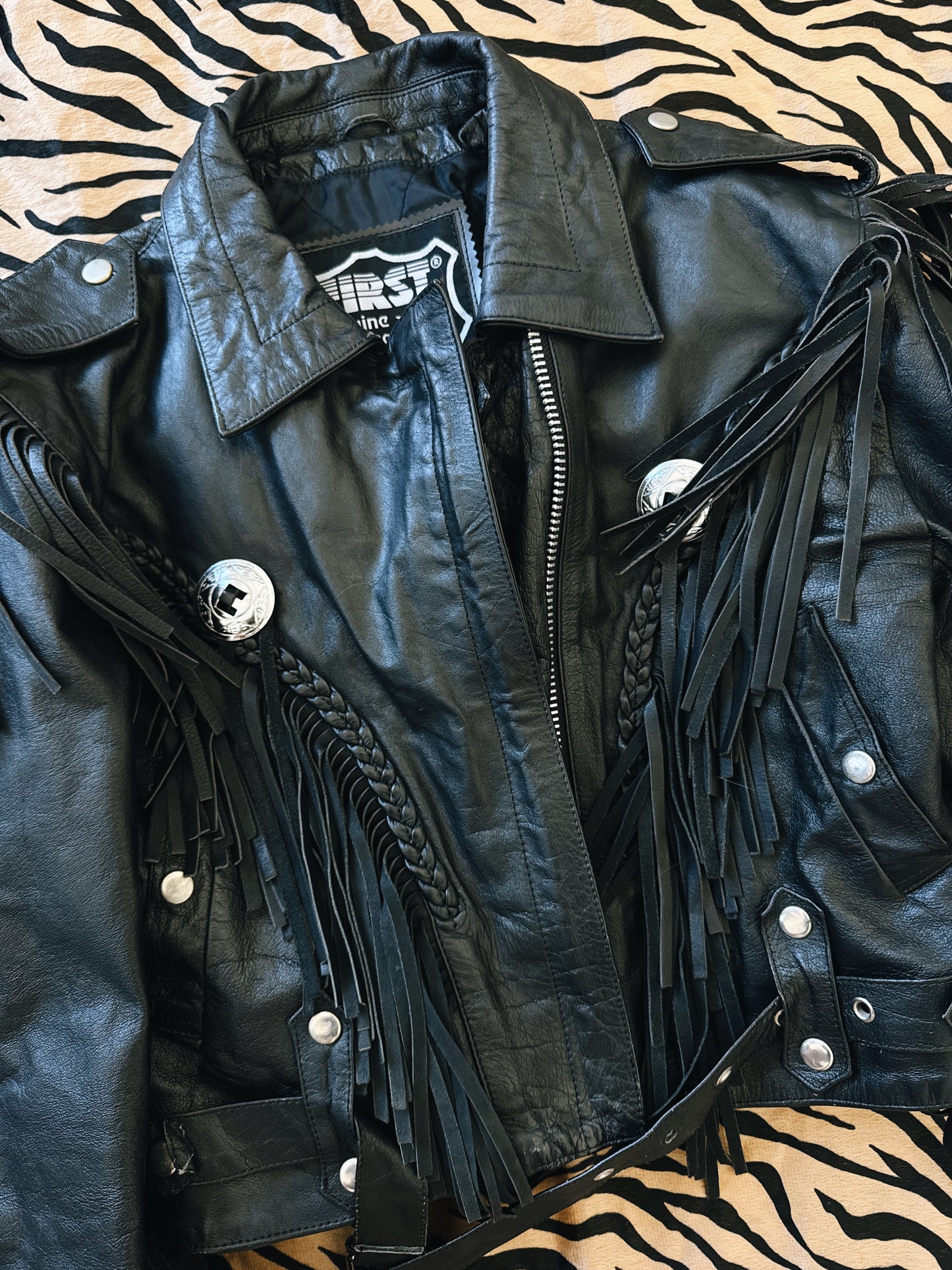Vintage Black Leather Fringe Concho Jacket
