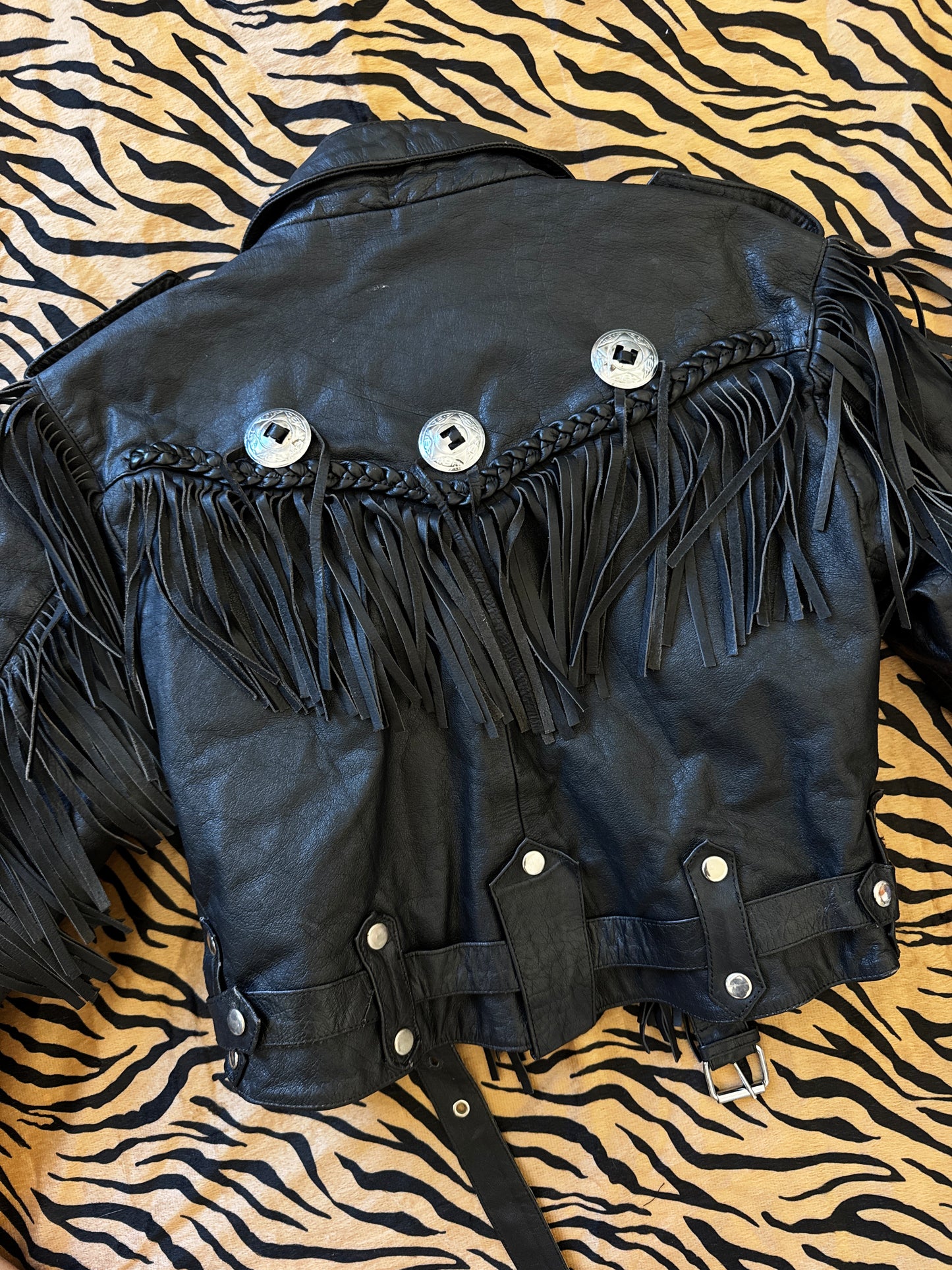 Vintage Black Leather Fringe Concho Jacket