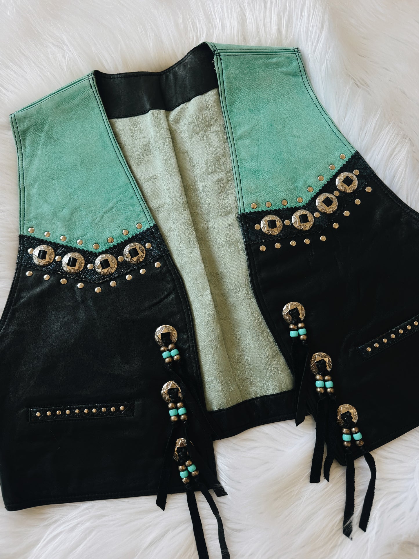 Vintage Leather Turquoise & Black Concho Vest