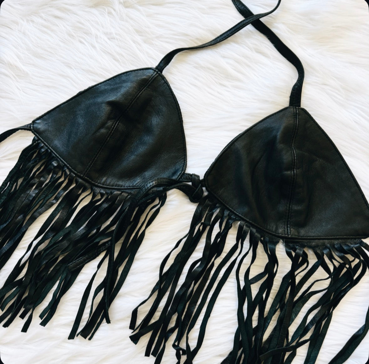 Vintage Black Leather Fringe Halter Top