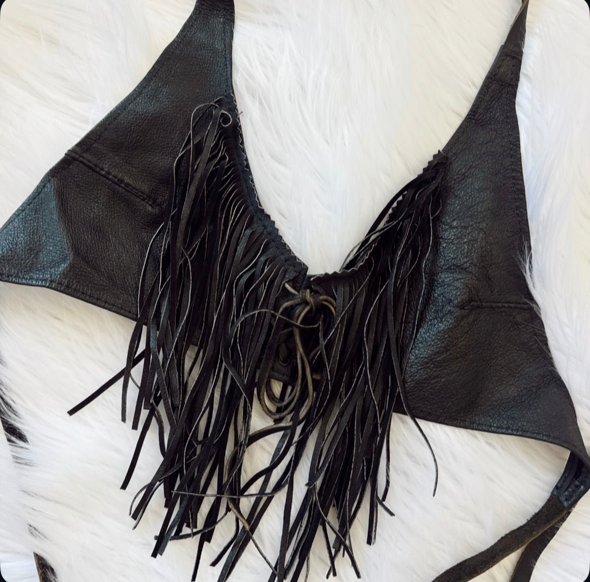 Vintage Fringe Black Leather Halter Top