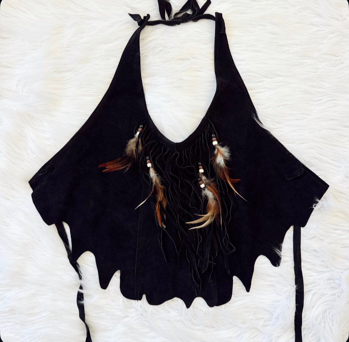 Vintage Suede Fringe Feather Halter Top