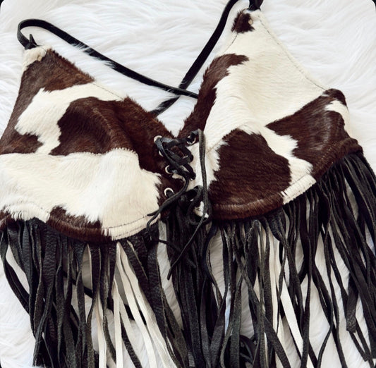 Vintage Cowhide Fringe Halter Top