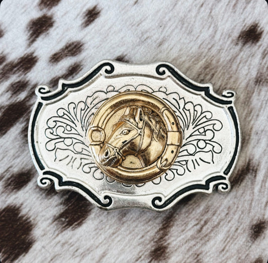 Vintage Horse Gold & Silver Belt Buckle