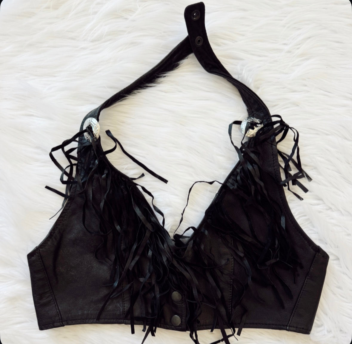Vintage Black Concho Fringe Halter Top