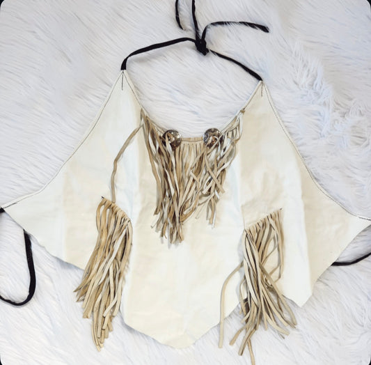 Vintage White Leather Fringe Halter Top
