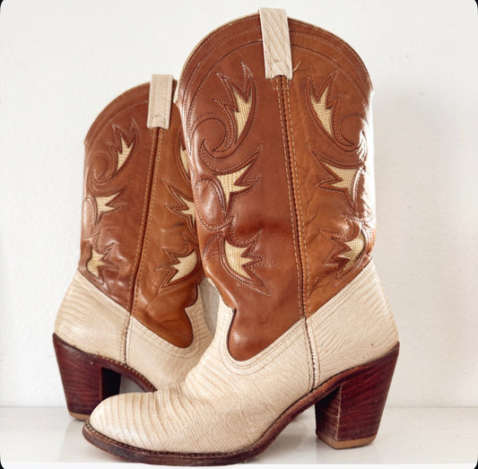 Vintage Cream & Brown Inlay Cowboy Boots