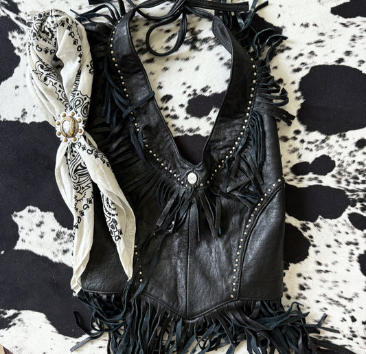 Vintage Black Fringe Studded Halter