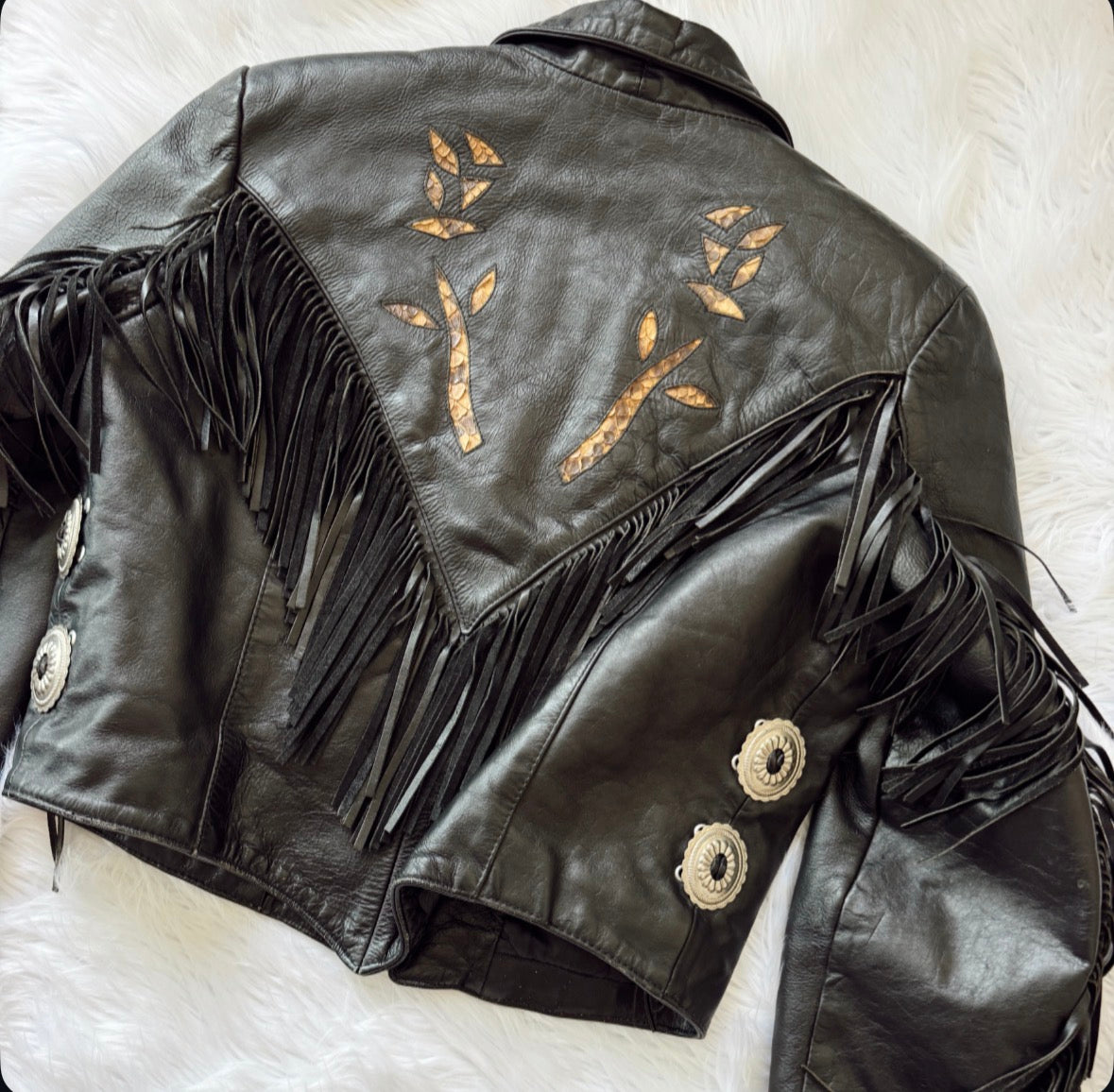 Vintage Snakeskin Rose Leather Fringe Jacket