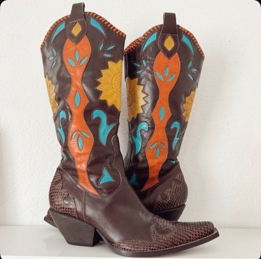 Vintage Floral Inlay Cowboy Boots