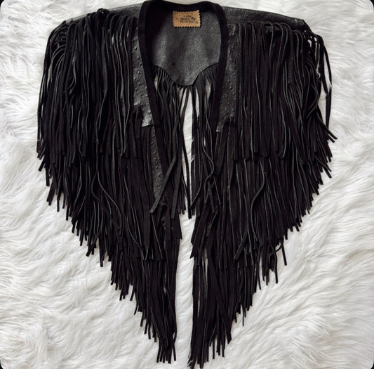 Vintage Black Leather Fringe Capelet