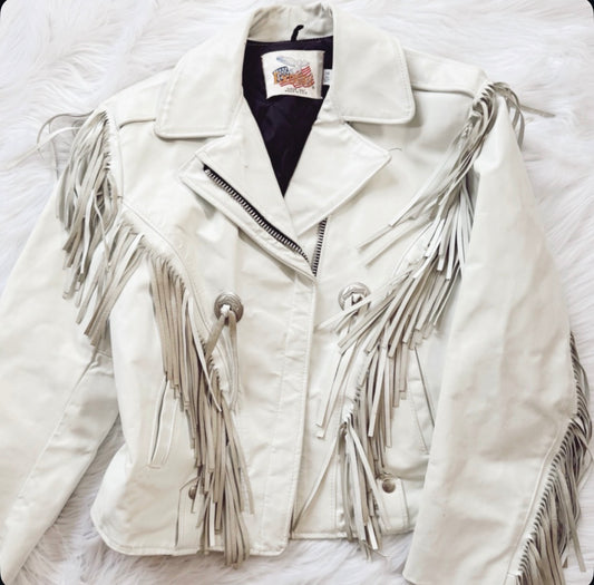 Vintage White Fringe Leather Jacket