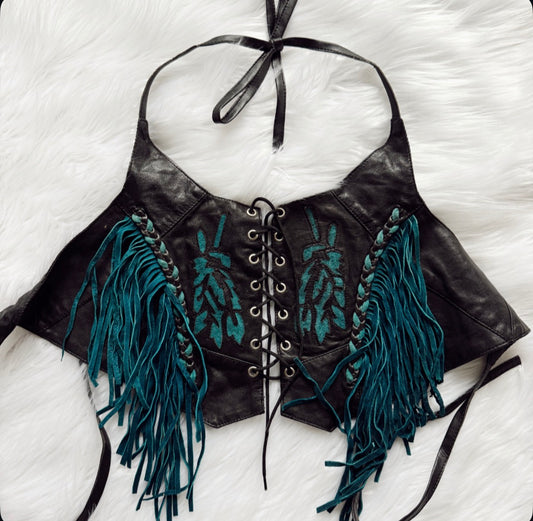 Vintage Blue Inlay Fringe Halter Top