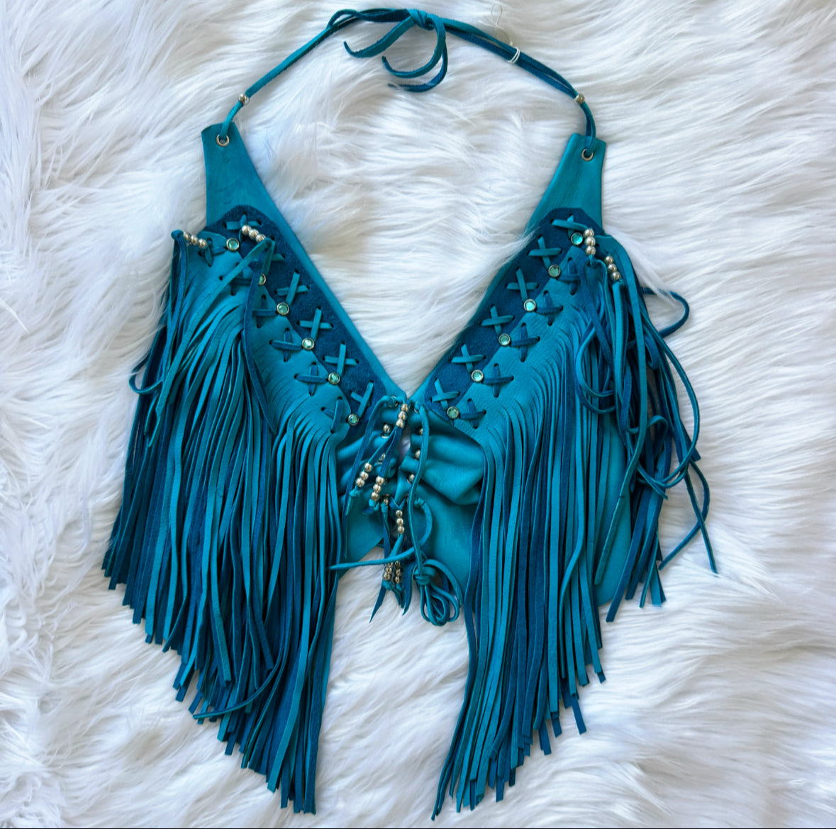 Vintage Leather Turquoise Blue Fringe Top