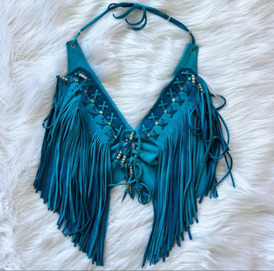 Vintage Leather Turquoise Blue Fringe Top