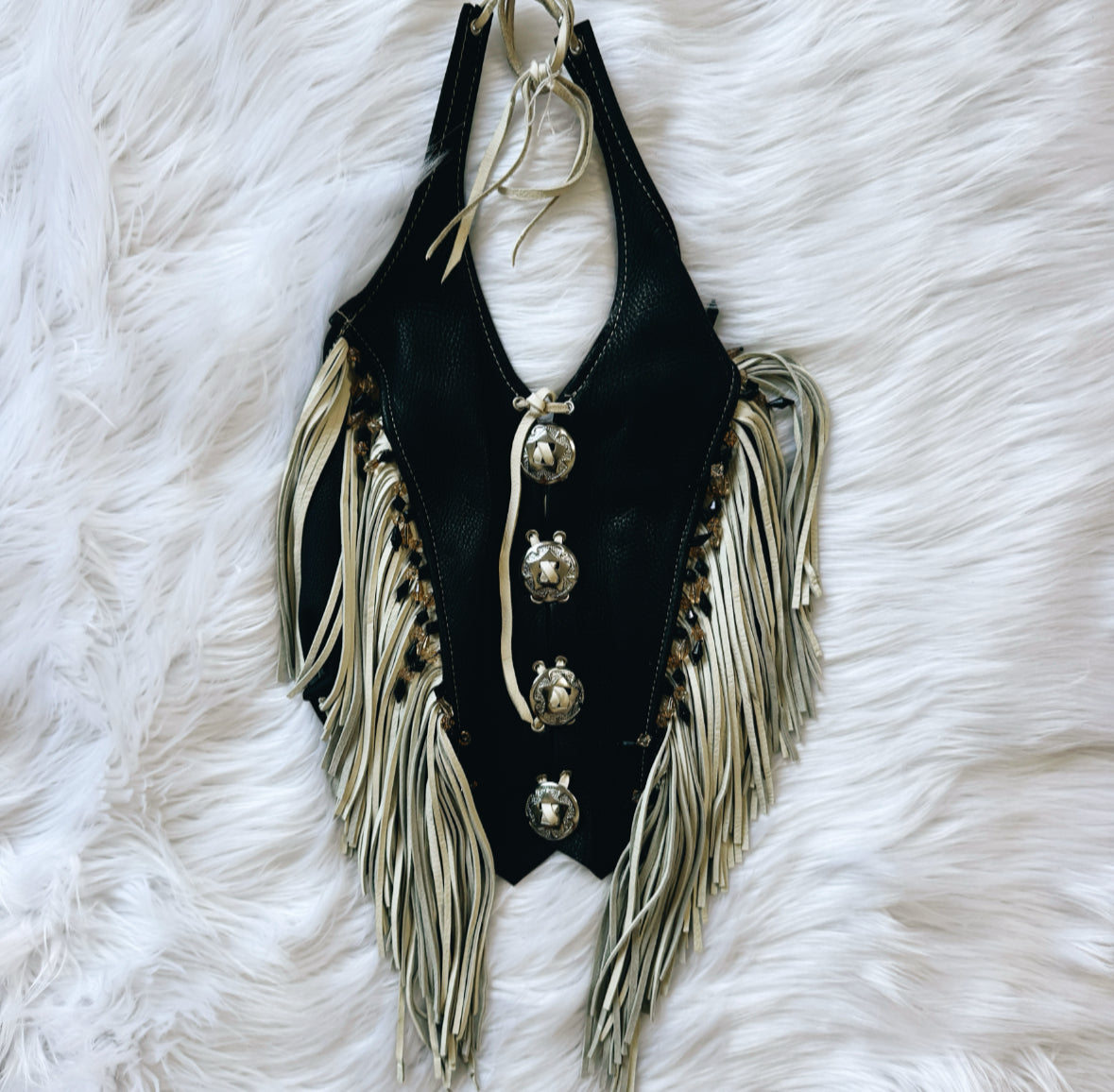 Vintage Black & White Leather Fringe Top