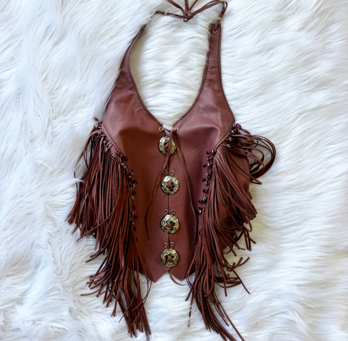 Vintage Dusty Rose Fringe Leather Top