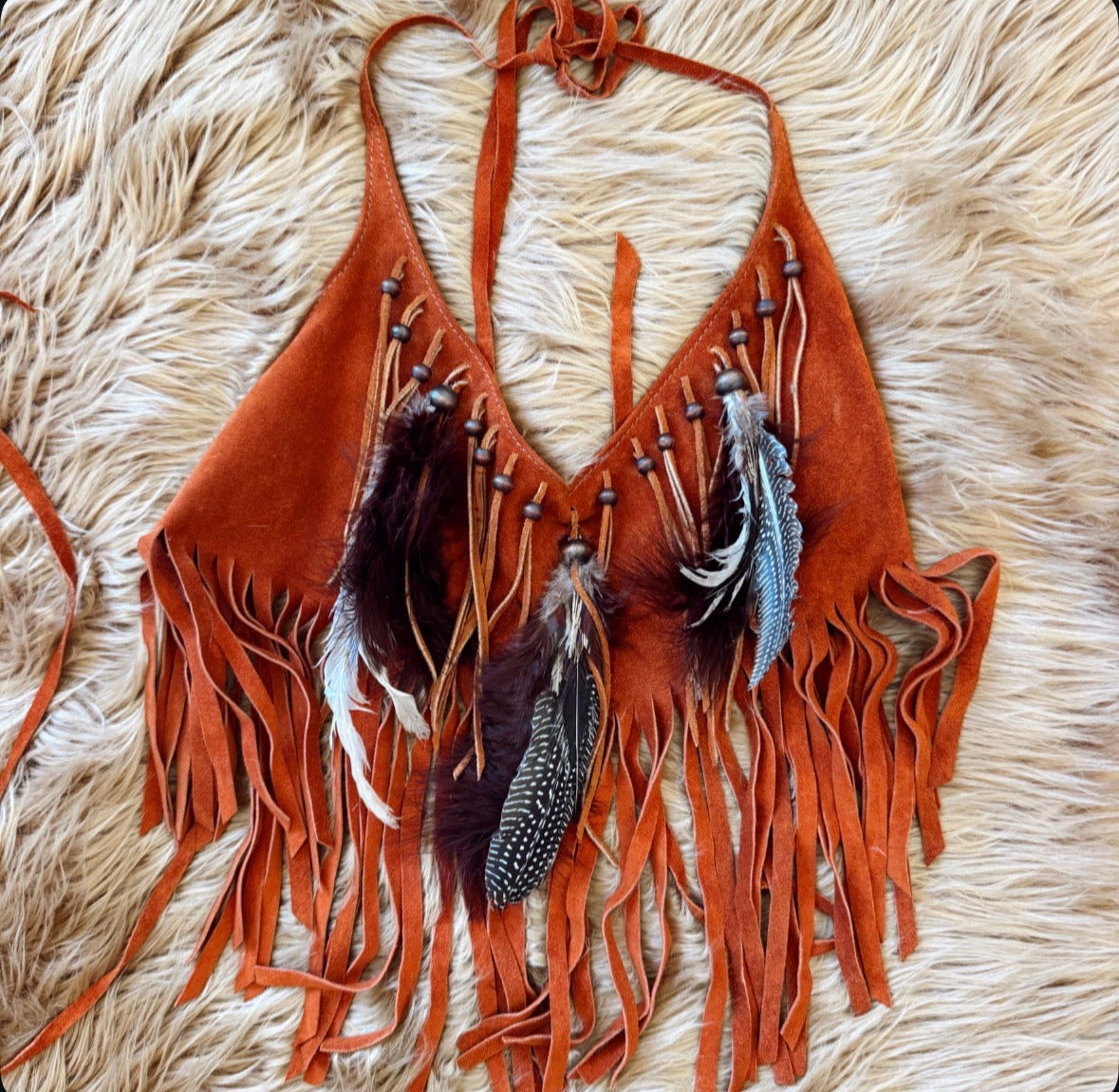 Vintage Suede Fringe Feather Halter Top