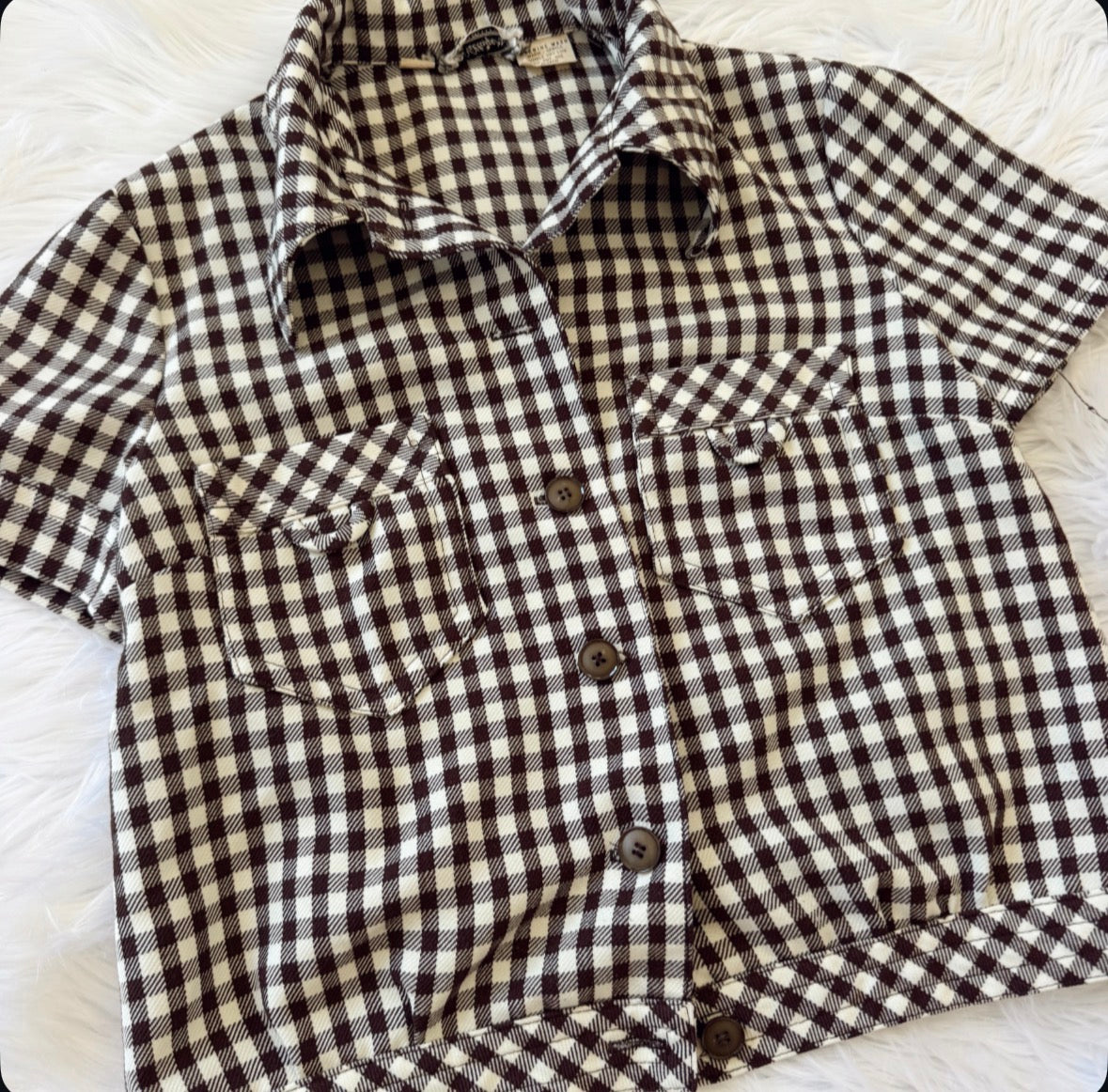 Vintage 1970s Brown & White Plaid Top
