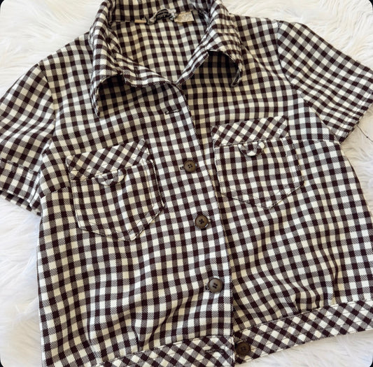 Vintage 1970s Brown & White Plaid Top