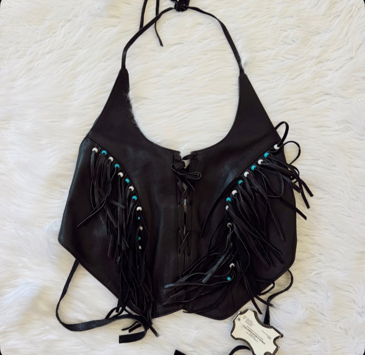 Vintage Black Leather Fringe Halter Top